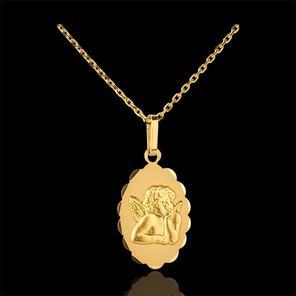 MÃ©daille Ange RaphaÃ«l bord fleuri - or jaune 18 carats