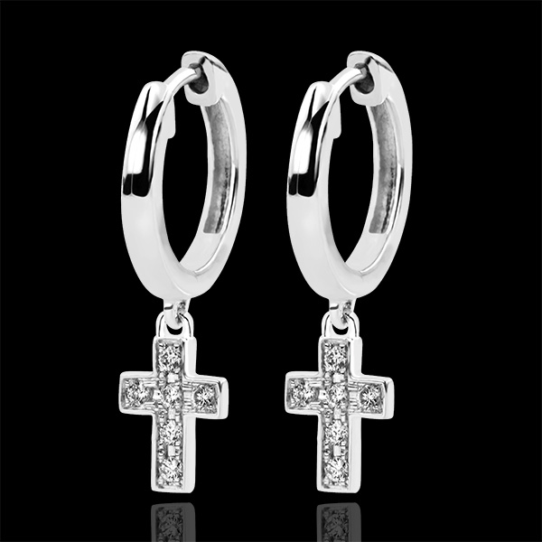 Boucles d'oreilles Abondance - Croix Diamantée - or blanc 9 car
