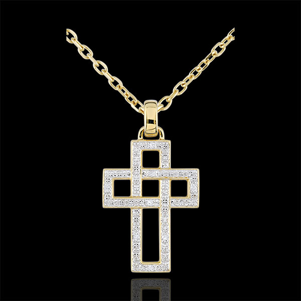 Pendentif Croix diamants géométrique - or jaune 9 carats