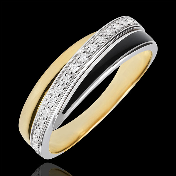 Anneau Saturne Diamant - laque noire et diamants - or blanc et o