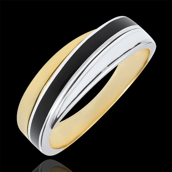 Anneau Saturne - duo de laques - or blanc et or jaune 18 carats