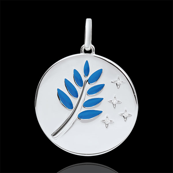 Médaille Rameau d'Olivier - Laque bleue - 4 Diamants - or blanc