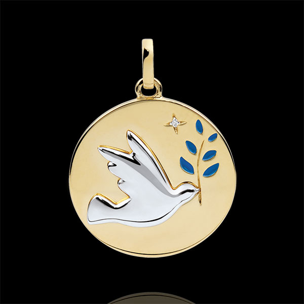 Médaille Colombe au rameau - Laque bleu - 1 Diamant - or blanc