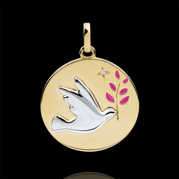 Médaille Colombe au rameau - Laque rose - 1 Diamant - or blanc